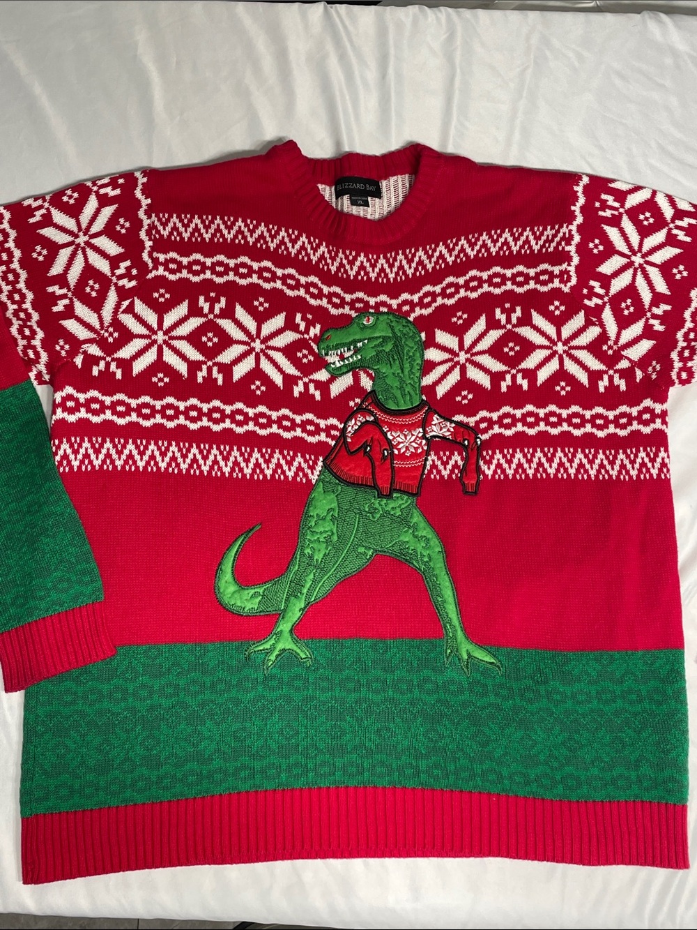 Men’s Blizzard Bay ugly Christmas sweater. T-Rex. Size XL. Preowned. See photos.